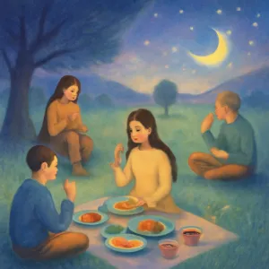 A dream where people are sitting at their respective spots outdoors, eating food.