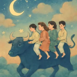 A dream about riding a bull with several people.