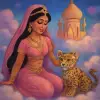 I was an Indian princess in pink wearing sparkly jewelry as a genie girl, and my home is a magic bottle shaped palace up above the clouds in New Delhi India, and my pet scruffles is an Indian leopard cub.